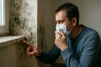 Muž s ochrannou maskou skúma plesne na stene pri okne.