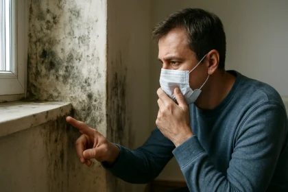 Muž s ochrannou maskou skúma plesne na stene pri okne.