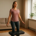 Žena cviči na vibračnom tréneri pre zlepšenie pohody a zdravia.