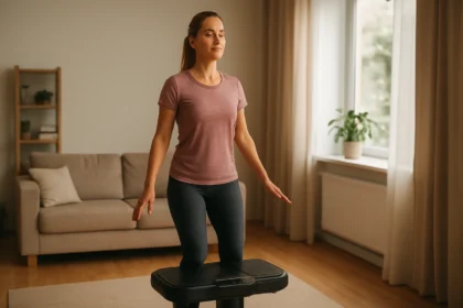 Žena cviči na vibračnom tréneri pre zlepšenie pohody a zdravia.