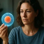 Žena skúma holografickú reprezentáciu bunky s dôrazom na jej zdravie.