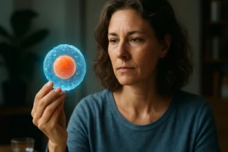 Žena skúma holografickú reprezentáciu bunky s dôrazom na jej zdravie.