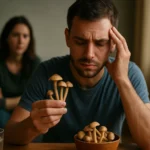 Muž premýšľa o halucinogénnych hubách v miske na stole.