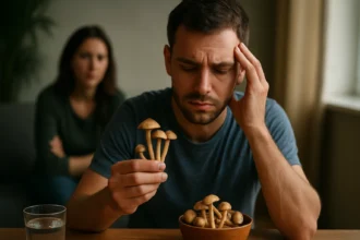 Muž premýšľa o halucinogénnych hubách v miske na stole.