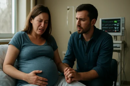 Pár v nemocnici počas pôrodu, ovplyvnení frontovými systémami.