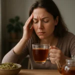 Žena pijúca senna čaj, zameraná na zdravotné výhody a vedľajšie účinky.