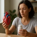 Žena drží model srdca a doplnok výživy, zamyslená nad zdravím srdca.