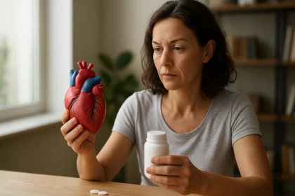 Žena drží model srdca a doplnok výživy, zamyslená nad zdravím srdca.