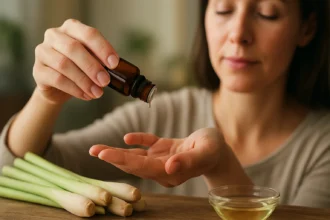 Žena aplikuje éterický olej z indickej citrónovej trávy na ruku.