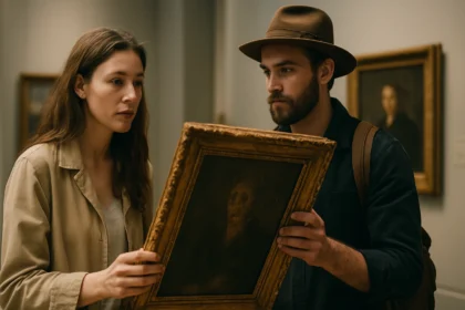 Mladí zberatelia umenia obdivujú fascinujúci obraz v galérii.