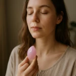 Žena meditujúca s ruženínom pre duševnú harmóniu a liečivé účinky.