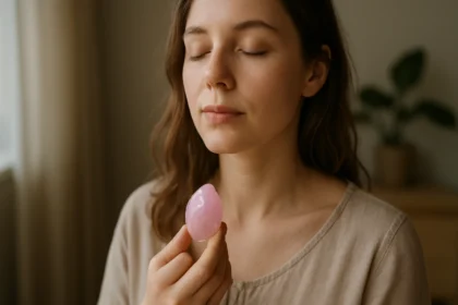 Žena meditujúca s ruženínom pre duševnú harmóniu a liečivé účinky.