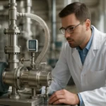 Vedec pracuje s vákuovou pumpou v priemyselnom prostredí