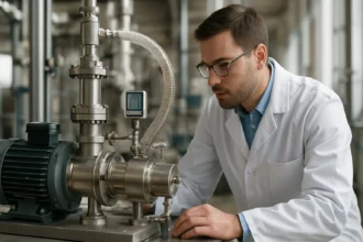 Vedec pracuje s vákuovou pumpou v priemyselnom prostredí