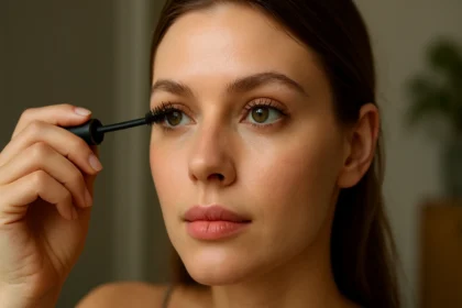 Žena nanášajúca riasenku pre zvýraznenie očí