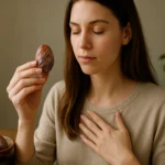 Žena meditujúca s minerálom regalit v ruke na posilnenie energetickej ochrany.