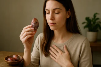Žena meditujúca s minerálom regalit v ruke na posilnenie energetickej ochrany.