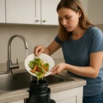 Žena v kuchyni vhadzuje zeleninové zvyšky do kuchynského drviča odpadu.