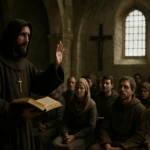 Mních prednáša bohoslužbu v stredovekej kostolnej scéne.