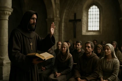 Mních prednáša bohoslužbu v stredovekej kostolnej scéne.