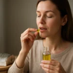 Žena užíva olej z tresčej pečene pre zdravie a vitalitu.