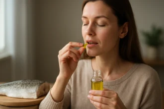 Žena užíva olej z tresčej pečene pre zdravie a vitalitu.