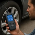 Muž kontroluje tlak v pneumatikách pomocou TPMS zariadenia.