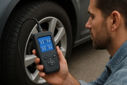 Muž kontroluje tlak v pneumatikách pomocou TPMS zariadenia.