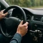 Ruka vodiča drží volant auta pred jazdou na ceste.