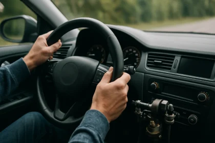 Ruka vodiča drží volant auta pred jazdou na ceste.