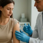 Žena dostáva injekciu Ovitrelle od lekára počas terapie plodnosti.