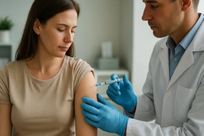 Žena dostáva injekciu Ovitrelle od lekára počas terapie plodnosti.