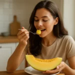 Žena jem žltý melón, osviežujúca a zdravá pochúťka.