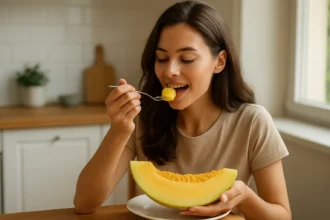 Žena jem žltý melón, osviežujúca a zdravá pochúťka.