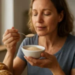 Žena posúva pekárske droždie v miske s veľkou lyžicou.