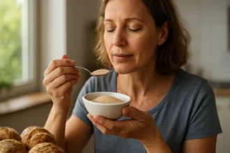Žena posúva pekárske droždie v miske s veľkou lyžicou.