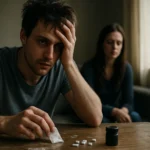 Muž trpiaci účinkami speedu s ženou v pozadí