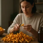 Žena čistí žlté huby kantarely na drevenom stole, vedľa je sklenená nádoba.