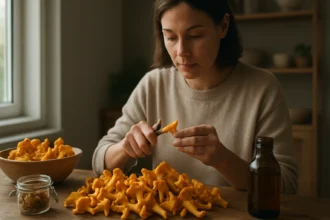 Žena čistí žlté huby kantarely na drevenom stole, vedľa je sklenená nádoba.