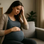 Tehotná žena pociťuje úzkosť počas sedenia na pohovke.