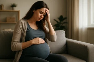 Tehotná žena pociťuje úzkosť počas sedenia na pohovke.