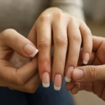 Dve ruky s umelými nechtami, ukazujúce na podráždenie pokožky.