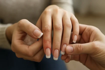 Dve ruky s umelými nechtami, ukazujúce na podráždenie pokožky.