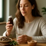 Žena s prírodným liekom na podporu trávenia a zdravia.