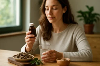 Žena s prírodným liekom na podporu trávenia a zdravia.