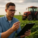 Agronóm skúma rastlinu v teréne s traktorom v pozadí.