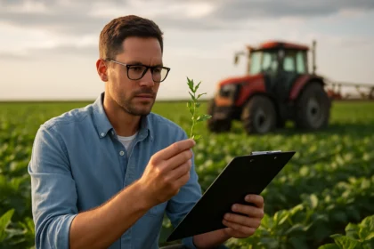 Agronóm skúma rastlinu v teréne s traktorom v pozadí.
