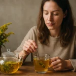 Žena si vychutnáva čaj zo zlatobyle s pohárom v ruke.