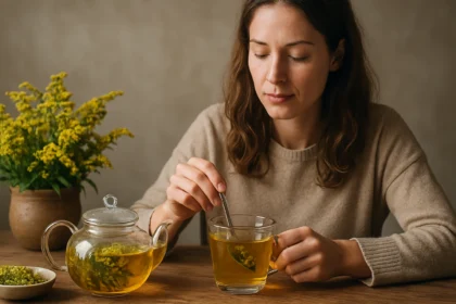 Žena si vychutnáva čaj zo zlatobyle s pohárom v ruke.