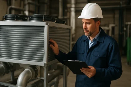 Odborník kontroluje suchý chladič v priemyselnom prostredí.